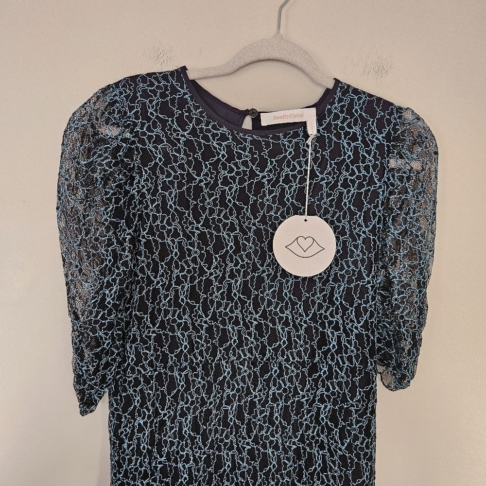 NWT See by Chloe Floral Mesh Midi Lace Blue dress size 42/ 12 - Picture 6 of 12